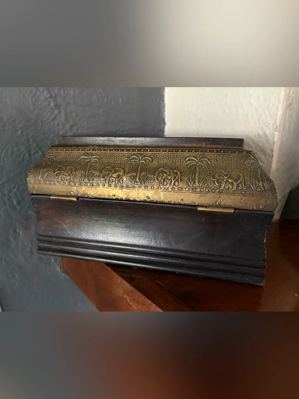 Vintage Style Wooden & Embossed Brass Elephant Trinket Jewelry Box - India